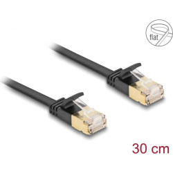 Delock RJ45 Network Cable Cat.6A plug to plug with robust latch and Cat.7 raw flat cable U/FTP 0.3 m black