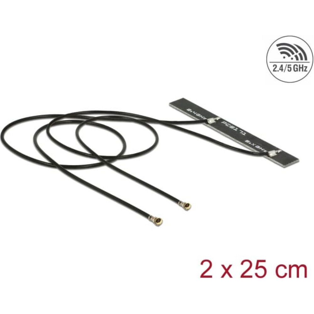 Delock Dual Band WLAN WiFi 6 Twin Antenna 2 x I-PEX Inc., MHF® 4L plug 5 dBi 2 x 25 cm PCB internal self adhesive
