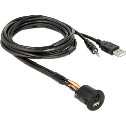 Delock Cable USB Type-A male + 3.5 mm 4 pin stereo jack male > female bulkhead USB Type-A female + 3.5 mm 4 pin female (audio) 1.5 m black