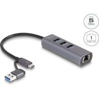 Delock 3 Port USB 5 Gbps Hub + Gigabit LAN with USB Type-C™ or USB Type-A connector in metal case