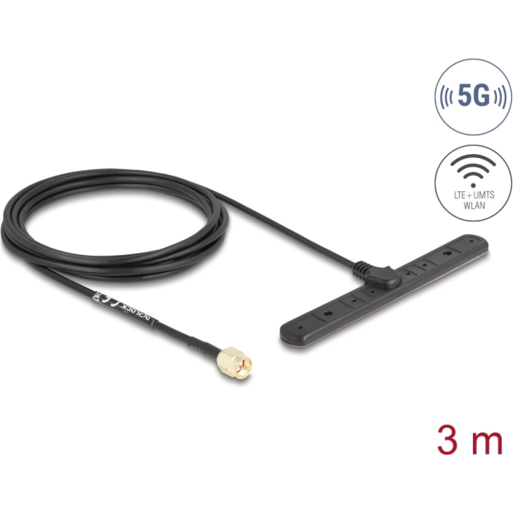 Delock 5G LTE Antenna SMA plug 3 dBi omnidirectional fixed with connection cable RG-174 3 m adhesive mounting outdoor black