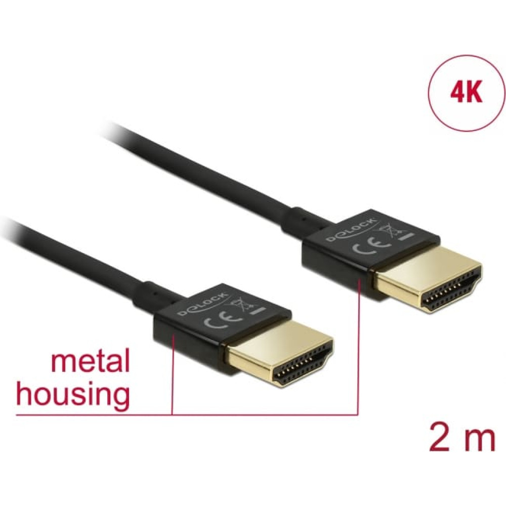 Kabelis HS HDMI ar tīklu M/M, 3D 4K, Slim Premium, 2m, melns, Delock