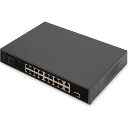 Digitus 16-Port Fast Ethernet PoE Networkswitch, 19 Zoll, unmanaged, 2+1 Uplink Ports, RJ45 + SFP, 185 W, af/at
