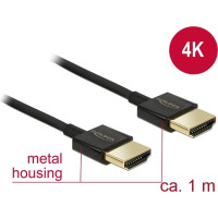 Kabelis HS HDMI ar tīklu M/M, 3D 4K, Slim Premium, 1m, melns, Delock