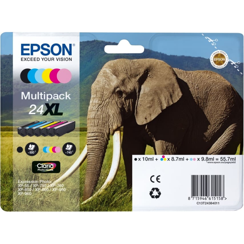 Epson Elephant C13T24384011 tintes kārtridžs 6 pcs Oriģināls Augsta (XL) produktivitāte Melns, Tirkīzzils, Gaiši Tirkīzzila, Fuksīns, Gaiši Fuksīna, Dzeltens