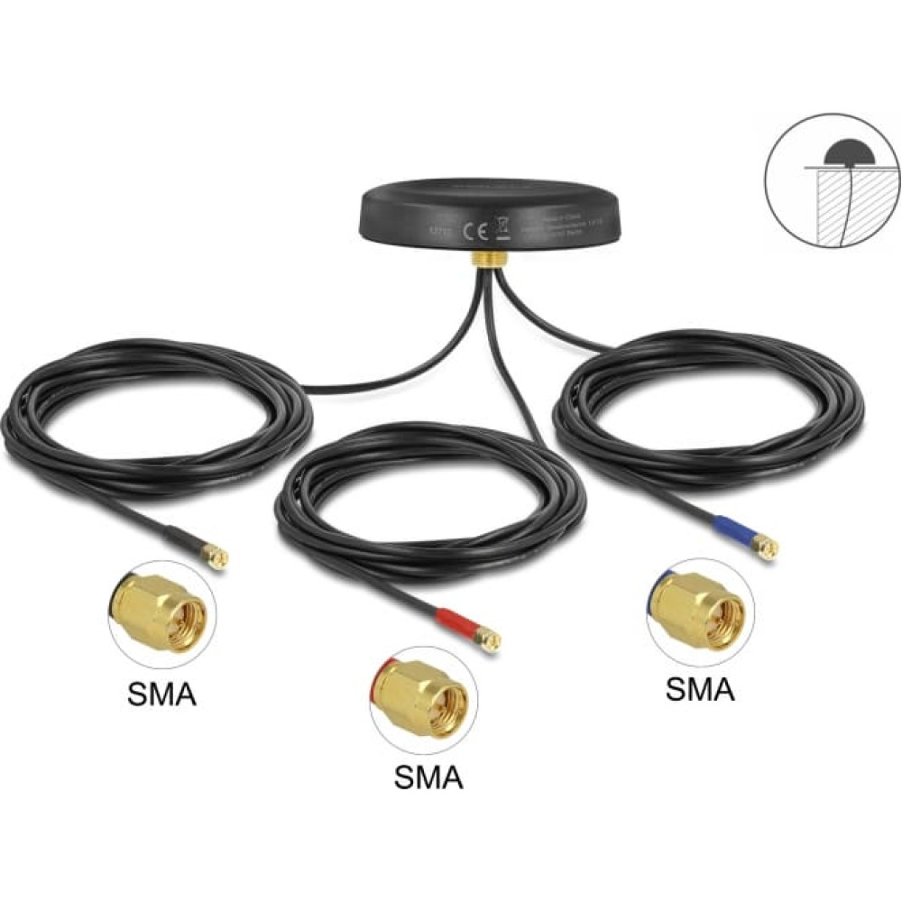 Delock Multiband LTE-MIMO UMTS GSM GNSS Antenna 3 x SMA plug omnidirectional roof mount black outdoor