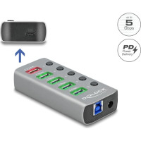 Delock USB 5 Gbps Hub with 4 Ports + 1 Fast Charging Port + 1 USB-C™ PD 3.0 Port with Switch and Illumination