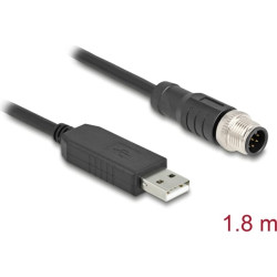 Delock M12 Serial Connection Cable with FTDI chipset, USB 2.0 Type-A male to M12 RS-232 male A-coded 8 pin 1.8 m black