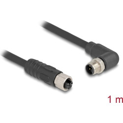 Delock M12 Cable L-coded 4 pin male right angled to female straight PUR suitable for drag chains 1 m black