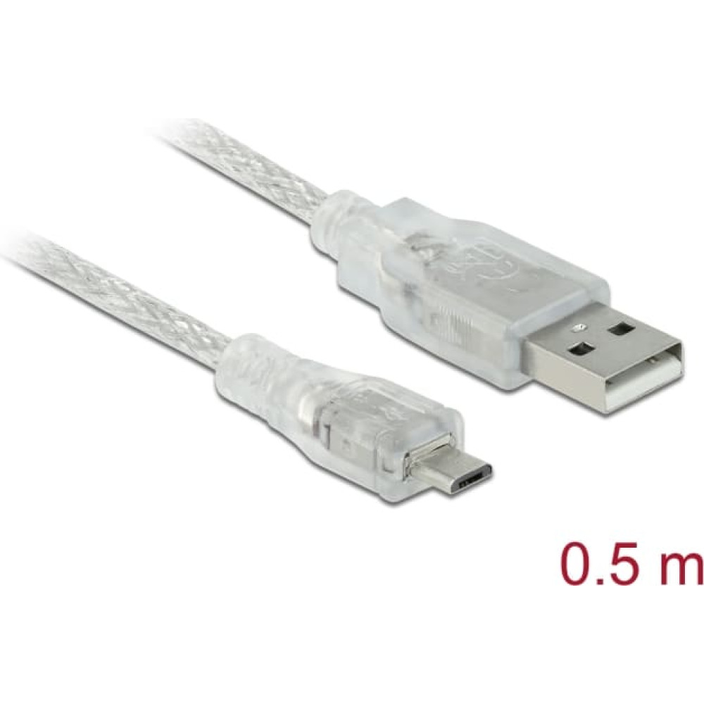 Delock Cable USB 2.0 Type-A male > USB 2.0 Micro-B male 0.5 m transparent