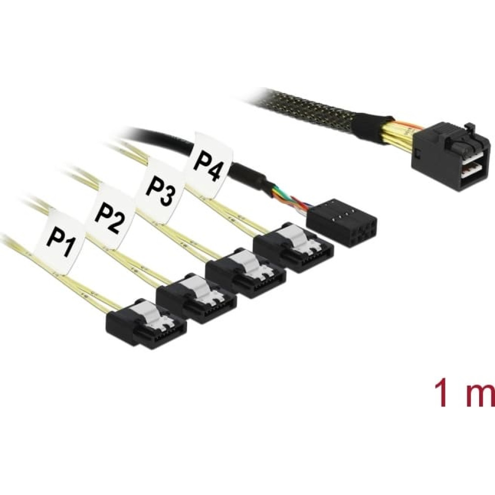 Delock Kabel Mini SAS HD SFF-8643 > 4 x SATA 7 Pin + Sideband 1 m Metall