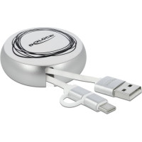 Delock USB 2 in 1 Retractable Cable Type-A to Micro-B and USB-C&trade; white / silver