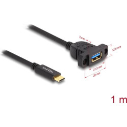 Delock SuperSpeed USB 10 Gbps (USB 3.2 Gen 2) Cable USB Type-C™ male to USB Type-A female 1 m panel-mount black