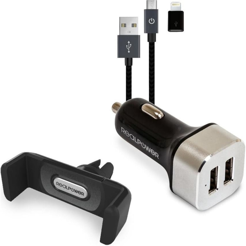 Realpower KFZ-Ladegerät Set + Kabel + Halterung Smartphone