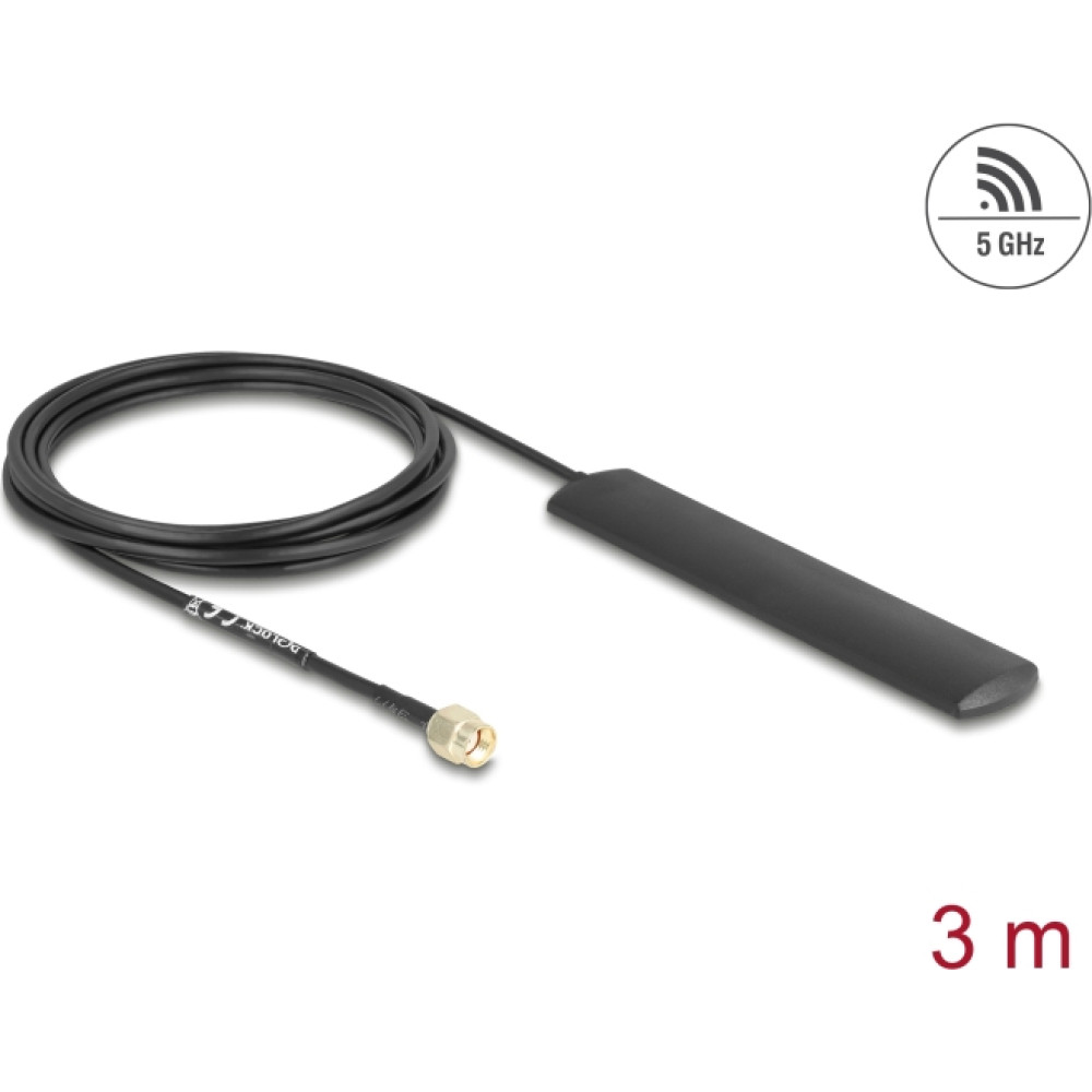 Delock WiFi 5.8 GHz Antenna RP-SMA plug 3 dBi omnidirectional with connection cable RG-174 3 m black self-adhesive