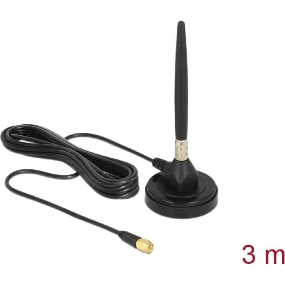 Delock GSM Antenna SMA plug screw mounting 3 dBi fixed omnidirectional with magnetic base and connection cable RG-174 3 m outdoor black