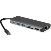 Roline USB 3.2 Gen 2 Typ C Multiport Docking Station, 8K30 HDMI, 2x USB 3.2 Gen 1, 1x SD/Micro SD Card Reader, 1x USB Type C PD (Power Delivery), 1x Gigabit Ethernet
