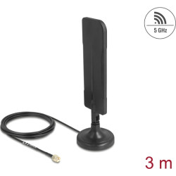 Delock Antenna WiFi 5.8 GHz RP-SMA plug 3 dBi omnidirectional with connection cable RG-174 3 m with tilt joint with magnetic base black