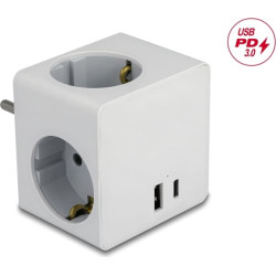 Delock Multi Socket Cube 3-way with childproof lock and USB PD 3.0 charger 20 W white