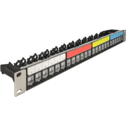 Delock 19″ Keystone Patch Panel 24 port with cable fixing rail, labelling field and dust protection 1U black