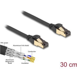 Delock RJ45 Network Cable Cat.6A male to male S/FTP black 30 cm with Cat.7 raw cable suitable for industrial and outdoor use