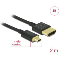 Kabelis HS HDMI ar tīklu, A M > microD M, 3D 4K, 2m, Slim Premium, Delock