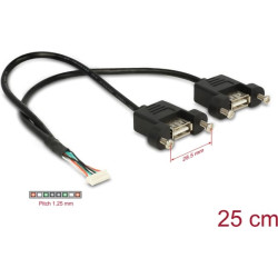Delock Cable USB 2.0 pin header female 1.25 mm 8 pin > 2 x USB 2.0 Type-A female panel-mount 25 cm