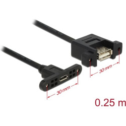Delock Cable USB 2.0 Micro-B female panel-mount > USB 2.0 Type-A female panel-mount 25 cm