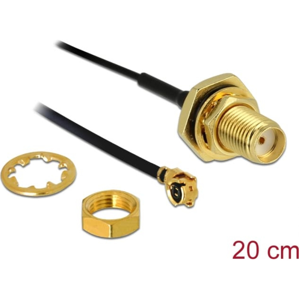 Delock Antenna Cable SMA jack bulkhead to I-PEX Inc., MHF® I plug 1.13 20 cm thread length 10 mm splash proof