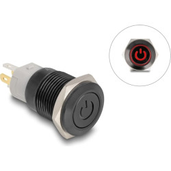 Delock Push Switch for Installation black 16 mm 12 V 5 x solder connection LED red power symbol + ring