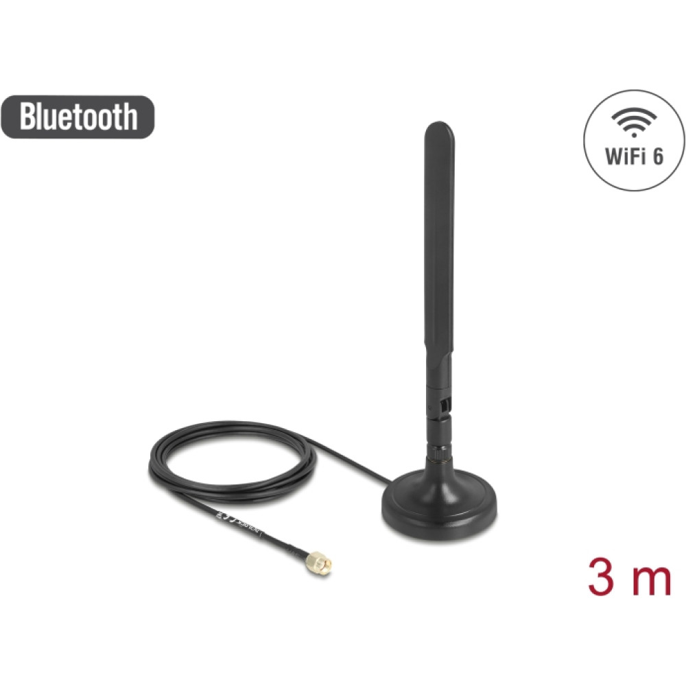 Delock Antenna WiFi 6 RP-SMA plug 3 dBi omnidirectional with connection cable RG-174 3 m with tilt joint with magnetic base black