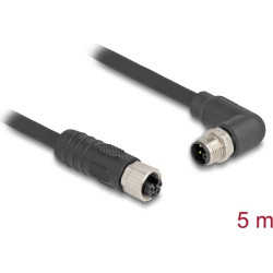 Delock M12 Cable L-coded 4 pin male right angled to female straight PUR suitable for drag chains 5 m black