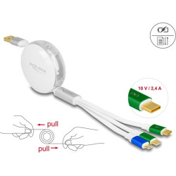 Delock USB 3 in 1 Retractable Charging Cable Type-A to Micro USB / 2 x USB Type-C™ with Fast Charging white