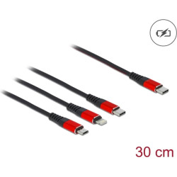 Delock USB Charging Cable 3 in 1 USB Type-C™ to Lightning™ / Micro USB / USB Type-C™ 30 cm black / red