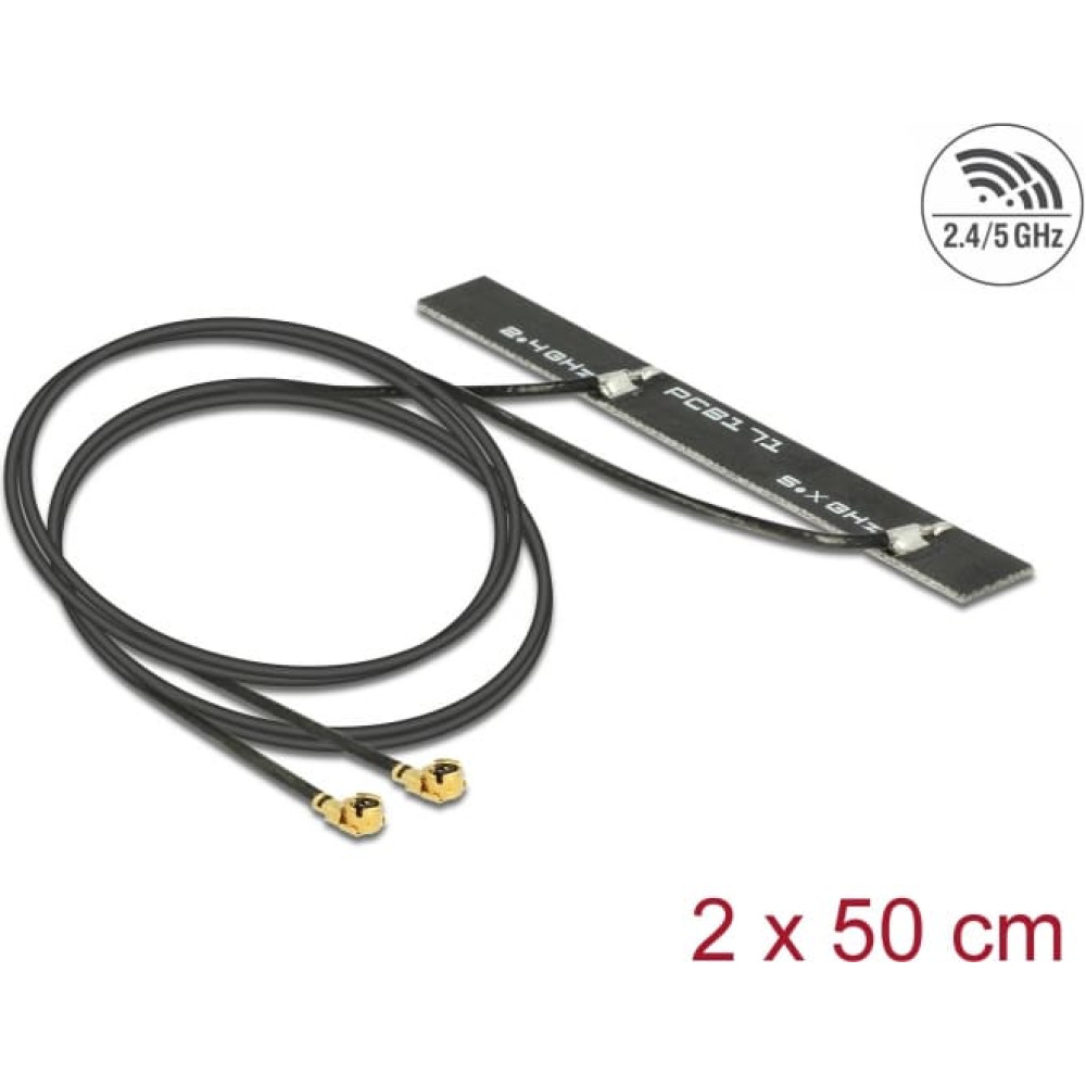 Delock Dual Band WLAN WiFi 6 Twin Antenna 2 x I-PEX Inc., MHF® I plug 5 dBi 2 x 50 cm PCB internal self adhesive