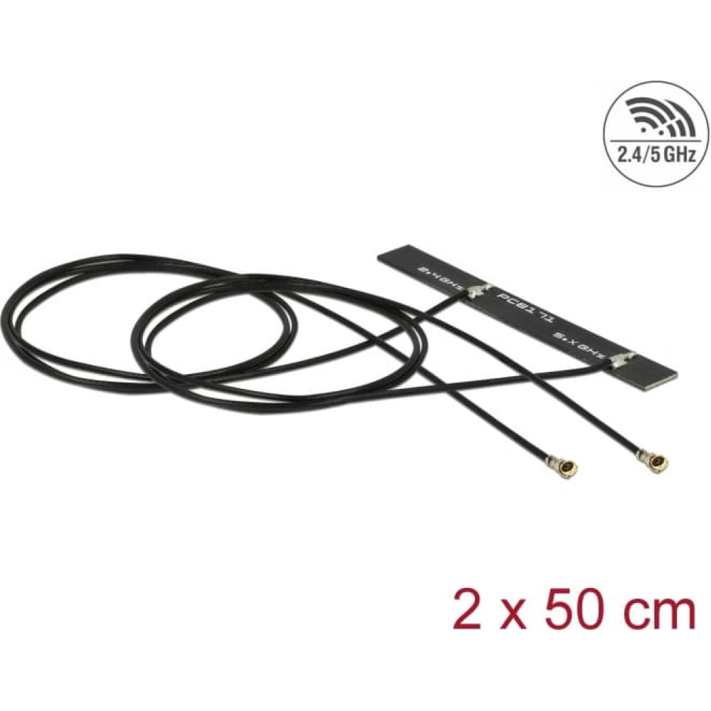 Delock Dual Band WLAN WiFi 6 Twin Antenna 2 x I-PEX Inc., MHF® 4L plug 3 - 5 dBi 1.13 2 x 50 cm PCB internal self adhesive