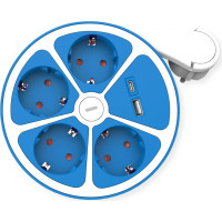 Roline Power Strip, 4-way, with switch, round, 1x USB A+ 1x USB C, blue, 3 m