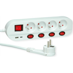 Roline Power Strip, 4-way, UTE, with individual on/off switches, 1x USB A, 1x USB C, 3 m