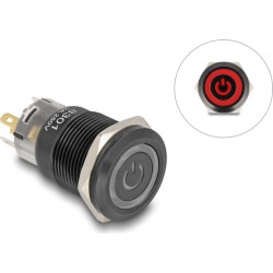 Delock Push Switch for Installation black 19 mm 12 V 5 x solder connection LED red power symbol + ring