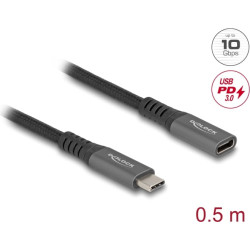 Delock USB 10 Gbps Extension Cable USB Type-C™ male to female PD 3.0 100 W 0.5 m grey metal