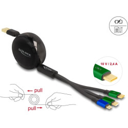 Delock USB 3 in 1 Retractable Charging Cable for Micro USB / 2 x USB Type-C™ with Fast Charging black
