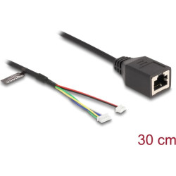 Delock Cable RJ45 jack to pin header female 1.25 mm 4 pin and pin header female 1.25 mm 6 pin Cat.5e 30 cm black