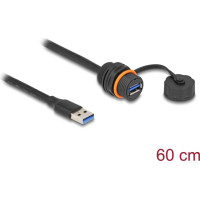 Delock USB 5 Gbps Cable USB Type-A male to USB Type-A female for installation with M20 thread and protective cap IP68 dust and waterproof 60 cm black