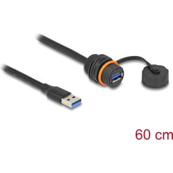 Delock USB 5 Gbps Cable USB Type-A male to USB Type-A female for installation with M20 thread and protective cap IP68 dust and waterproof 60 cm black