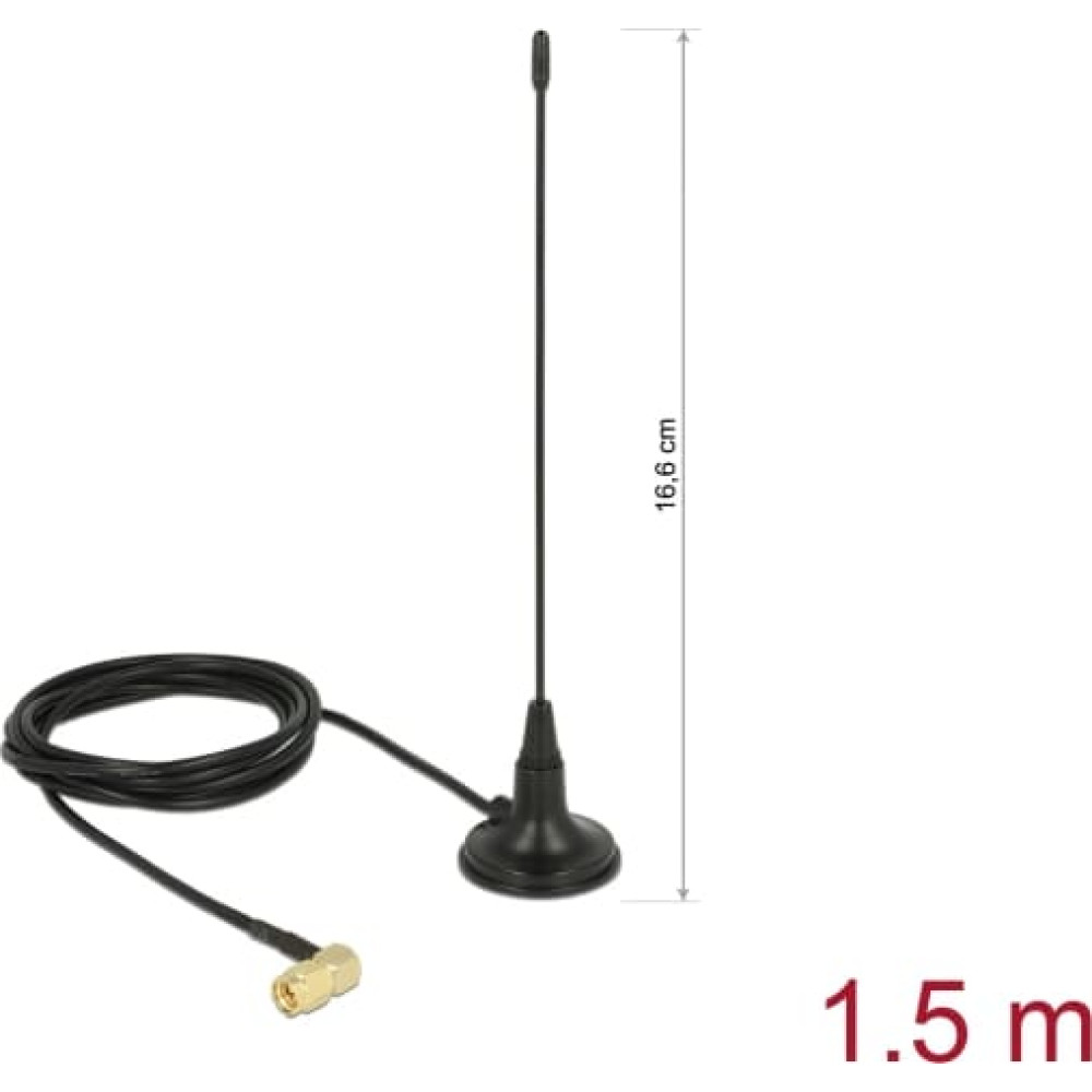 Delock 480 MHz Antenna SMA plug 90° 2.5 dBi fixed omnidirectional with magnetic base and connection cable RG-174 1.5 m outdoor black