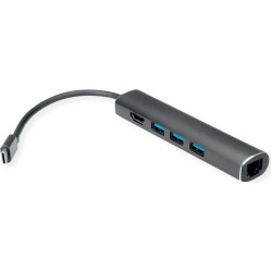 Value USB Type C docking station, 4K HDMI, 3x USB 3.2 Gen 1, Gigabit Ethernet, grey