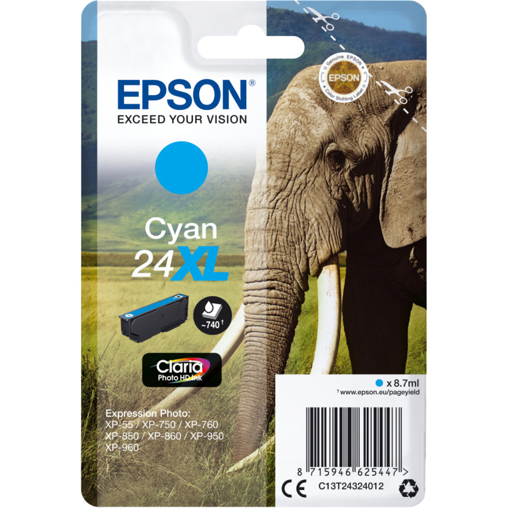 Epson Elephant Singlepack Cyan 24XL Claria Photo HD Ink