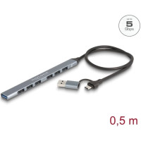Delock 7 Port Slim USB Hub with USB Type-C™ or USB Type-A to 1 x USB 5 Gbps Type-A + 6 x USB 2.0 Type-A