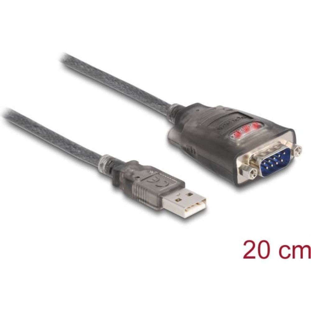 Delock Adapter USB 2.0 Type-A to 1 x Serial RS-232 D-Sub 9 pin male with nuts with 3 x LED 0.2 m