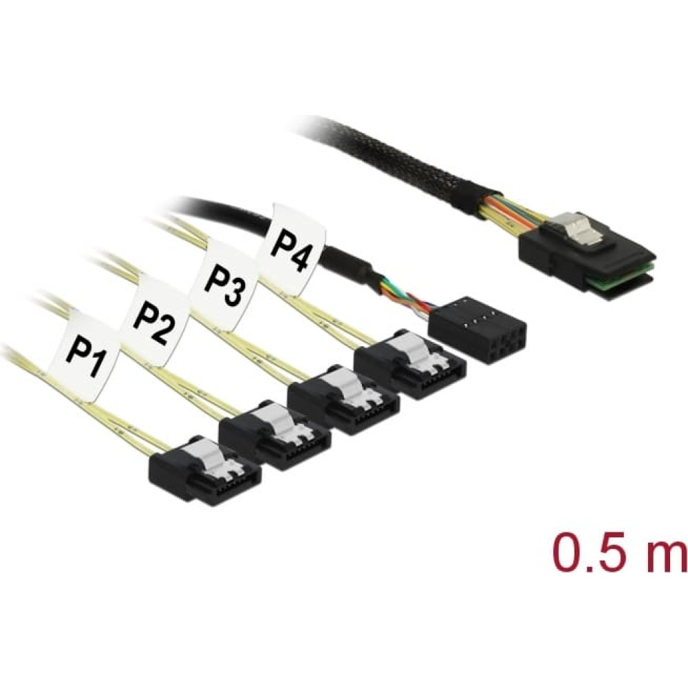 Delock Cable Mini SAS SFF-8087 > 4 x SATA 7 pin Reverse + Sideband 0.5 m